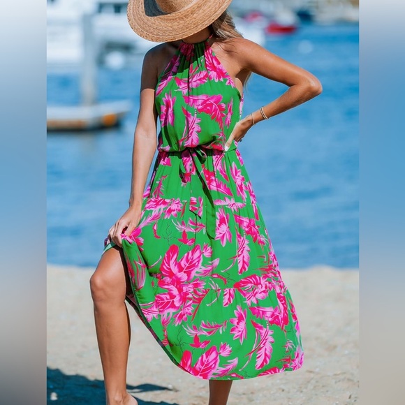 Cupshe Pink-and-Green Floral Maxi Halter Beach Dress - Picture 2 of 4